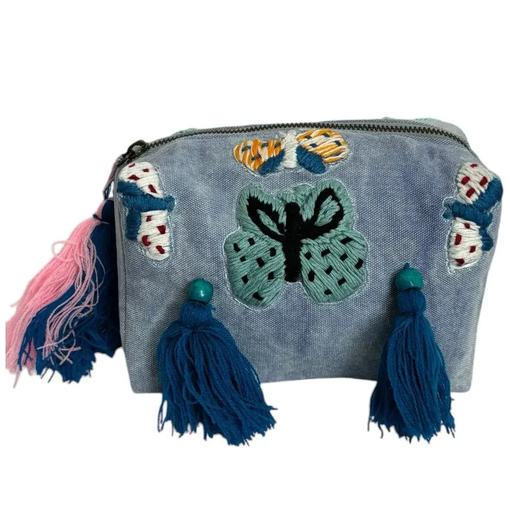Raj LA Light Denim Blue Canvas Embroidered Tasseled Butterfly Cosmetic Bag NEW